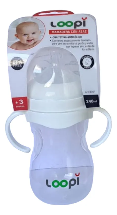 Mamadera Anticolicos 3m+ Con Asas Loopi Love 240ml Color Traslúcido